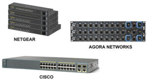 Différentes marques de switches Ethernet : Cisco, dédié aux informaticiens, Agora Networks tourné clairement vers les utilisateurs audiovisuels et Netgear avec sa gamme hybride (IT/AV)