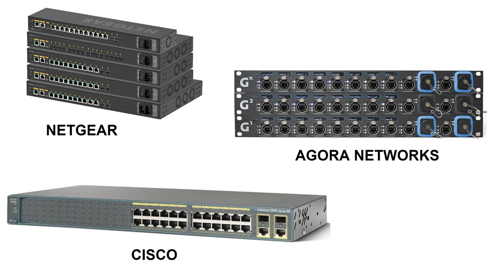 Différentes marques de switches Ethernet : Cisco, dédié aux informaticiens, Agora Networks tourné clairement vers les utilisateurs audiovisuels et Netgear avec sa gamme hybride (IT/AV)