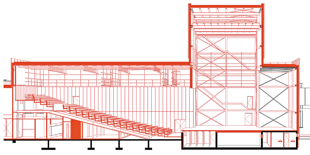 Coupe perspective de la salle Charles Apotheloz. Les éléments en rouge indiquent les zones de travaux - Document © PONT12 architectes