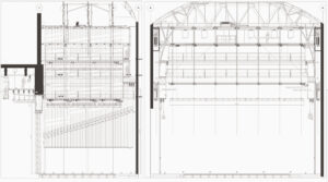 Espace scénique, coupes longitudinale et transversale - Document © AMG-Féchoz