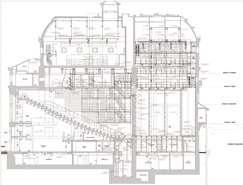 Grande salle, coupe longitudinale - Document © Blond & Roux architectes