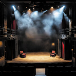 Image générée par MidJourney, prompt : “Une scène de théâtre contemporain, un décor représentant un intérieur cossu et moderne, une lumière tamisée et une vue des premiers rangs du public”. Fiabilité discutable...