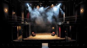 Image générée par MidJourney, prompt : “Une scène de théâtre contemporain, un décor représentant un intérieur cossu et moderne, une lumière tamisée et une vue des premiers rangs du public”. Fiabilité discutable...