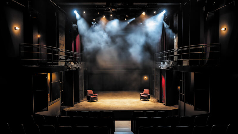 Image générée par MidJourney, prompt : “Une scène de théâtre contemporain, un décor représentant un intérieur cossu et moderne, une lumière tamisée et une vue des premiers rangs du public”. Fiabilité discutable...