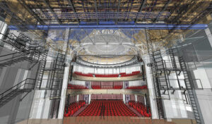 Rendu visuel scénographique 3D de la cage de scène - Document © Clé Millet International