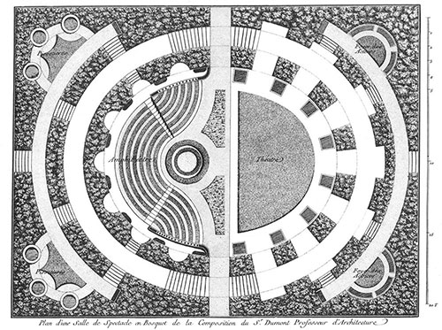 Gabriel Pierre Martin Dumont, Salle de spectacle en bosquet - Document © Parallèle de plans des plus belles salles de spectacles d'Italie et de France, avec des détails de machines théâtrales, vers 1770.