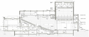 Coupe longitudinale avec la grande salle - Document © Blond&Roux architectes