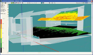 Simulation balcon (rappels auditoire 1 seul sans la salle + auditoire 3) - elle indique la réjection au niveau du parterre avant et arrière - Document © L-Acoustics
