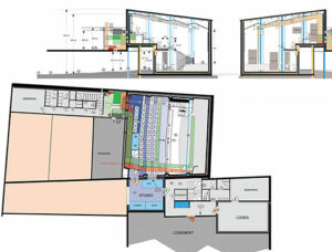 Coupes longitudinales au niveau de la salle 2 et plan du niveau + 1