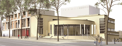 Perspective générale avec le théâtre à droite et le conservatoire de musique à gauche - Document © ANMA - Agence Nicolas Michelin & Associés